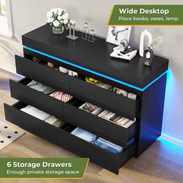 Modern 6 Drawer Dresser with Sliding Desktop, Wide Chest of Drawers with Charging Station & LED Lights, Large Storage Tower Clot - Image 4