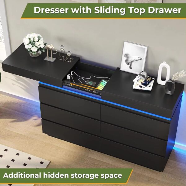 Modern 6 Drawer Dresser with Sliding Desktop, Wide Chest of Drawers with Charging Station & LED Lights, Large Storage Tower Clot - Image 3