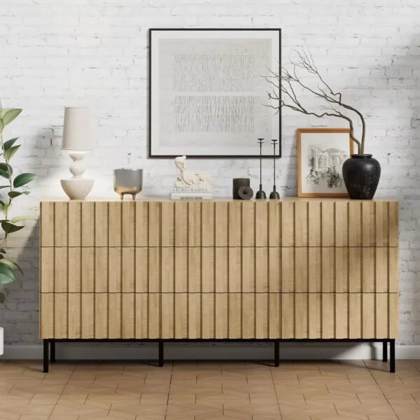 Modern 9 Drawer Bedroom Dresser, 59" Mid-Century Modern Dresser, Grooved Dresser Natural Wood Dresser with Handle Panel