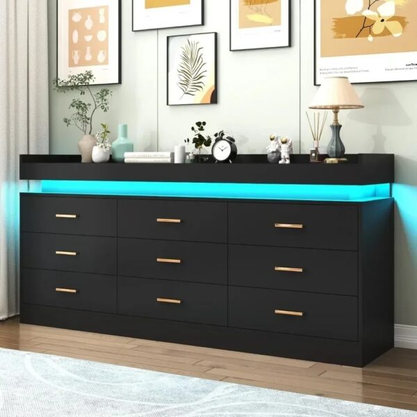 Modern Dresser 9 Drawer with LED Light,Wide Drawer Organizer Cabinet for Bedroom Living Room Chest for Closet of Wood Drawers - Image 2