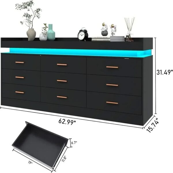 Modern Dresser 9 Drawer with LED Light,Wide Drawer Organizer Cabinet for Bedroom Living Room Chest for Closet of Wood Drawers - Image 3