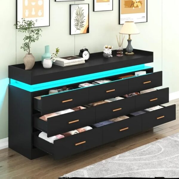 Modern Dresser 9 Drawer with LED Light,Wide Drawer Organizer Cabinet for Bedroom Living Room Chest for Closet of Wood Drawers - Image 4