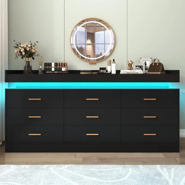 Modern Dresser 9 Drawer with LED Light,Wide Drawer Organizer Cabinet for Bedroom Living Room Chest for Closet of Wood Drawers