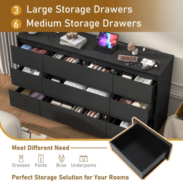 9 Drawer Dresser for Bedroom with Charging Station, 63" Modern Large Wood Chest of Drawers Handle Free, Black/White - Image 2