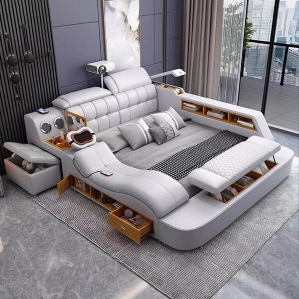 Linlamlim Luxury King Size Genuine Leather Bed / Tech Smart Bed / Multifunctional Ultimate Beds / Massage Bed with USB,Projecter