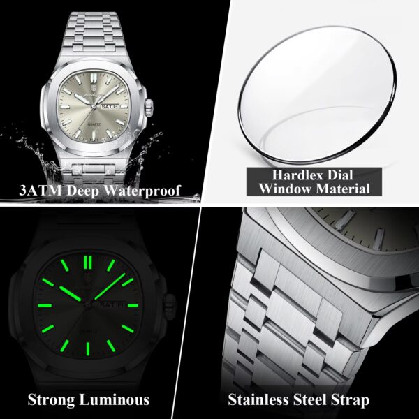 POEDAGAR Luxury Military Man Watch Square Waterproof Luminous Date Week Men Watch Stainless Steel Quartz Men's Watches Reloj+box - Image 3