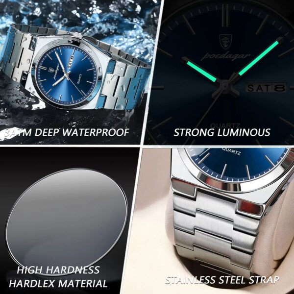 POEDAGAR Luxury Watch For Man Waterproof Luminous Date Week Stainless Steel Men Watch Casual Quartz Men's Watches Male Clock+box - Image 3