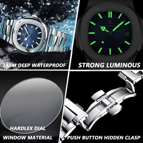 POEDAGAR Luxury Watch Business Waterproof Male Clock Luminous Date Stainless Steel Square Quartz Men Watch reloj hombre 2024 New - Image 3