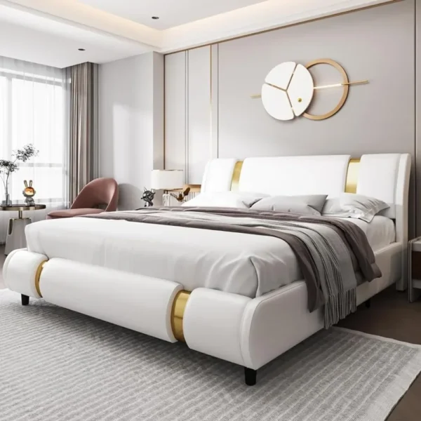 Platform bed frame, upholstered in faux leather, gold iron metal upholstery, adjustable curved headboard platform bed frame