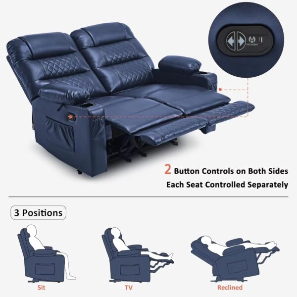 Power Loveseat Recliner, Electric Reclining Loveseat Sofa with Heat and Vibration, Cup Holders, USB Charge Port, Faux Leather - Image 4