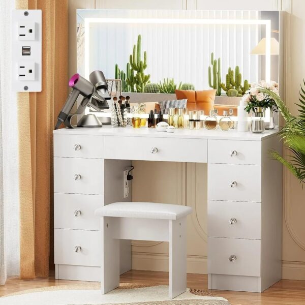 43" Vanity Table with Soft Cushioned Stool, Power Outlet and 9 Drawers, 3 Color Lighting Modes Adjustable Brightness, Dressers