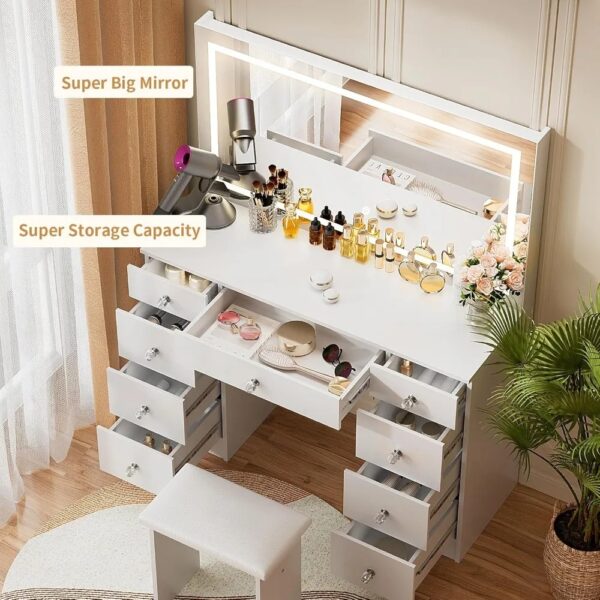 43" Vanity Table with Soft Cushioned Stool, Power Outlet and 9 Drawers, 3 Color Lighting Modes Adjustable Brightness, Dressers - Image 3