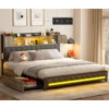 Queen Bed Frame, 3-Tier Headboard & 2 Hidden Storage, LED Lights Upholstered Bed Frame with Charging Station, Platform Metal Bed