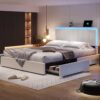 Queen Bed Frame with 4 Storage Drawers LED Platform Bed with Charging Station Leather Upholstered Bed