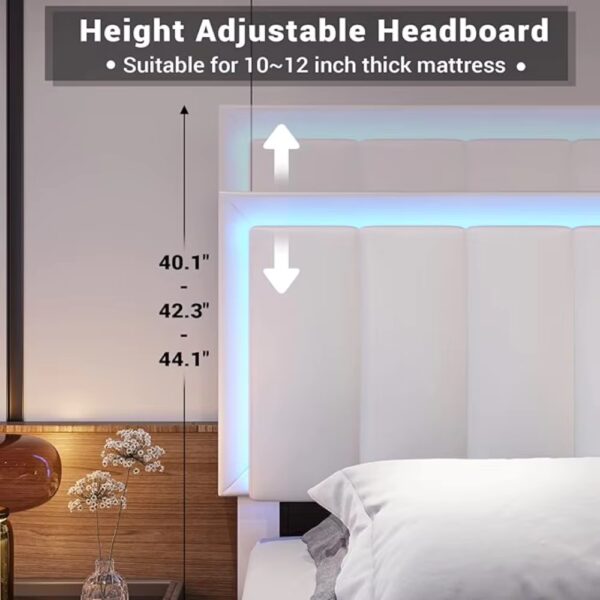 Queen Bed Frame with 4 Storage Drawers LED Platform Bed with Charging Station Leather Upholstered Bed - Image 2