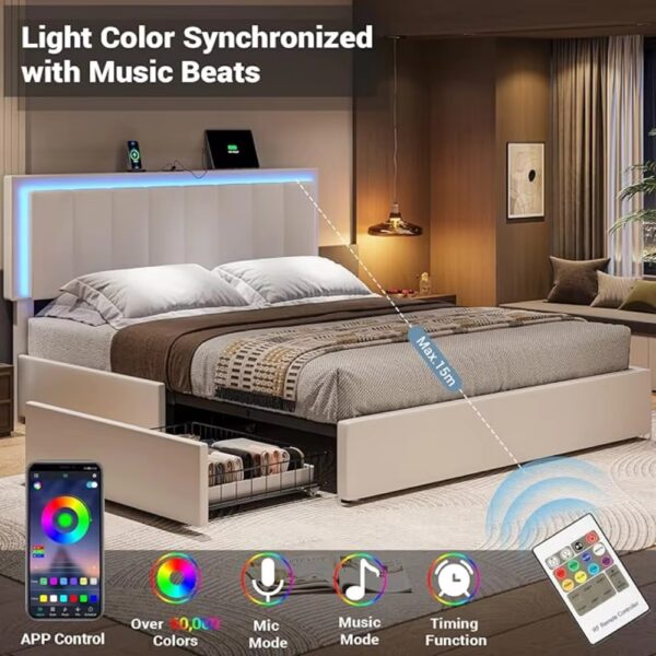 Queen Bed Frame with 4 Storage Drawers LED Platform Bed with Charging Station Leather Upholstered Bed - Image 3
