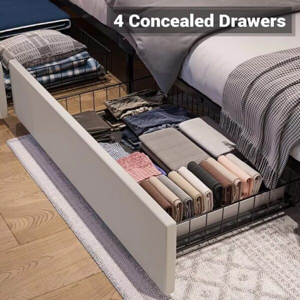 Queen Bed Frame with 4 Storage Drawers LED Platform Bed with Charging Station Leather Upholstered Bed - Image 4