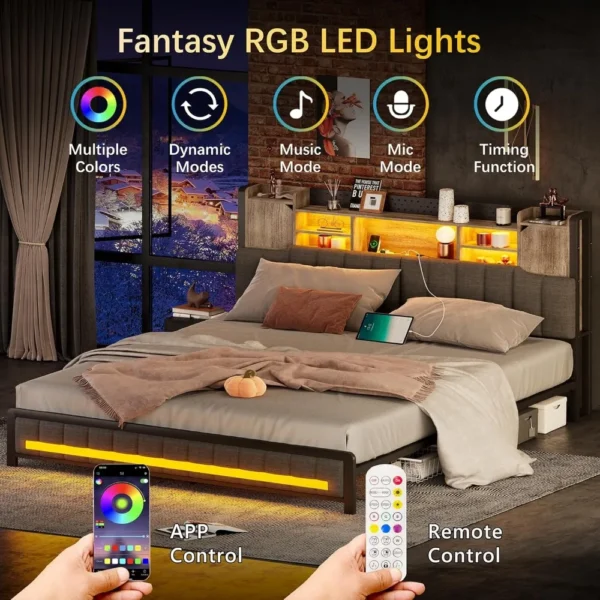 Queen Bed Frame with Storage Bookcase Headboard & LED Lights,Upholstered Bed Frame with USBCharging Station,No Box Spring Needed - Image 4