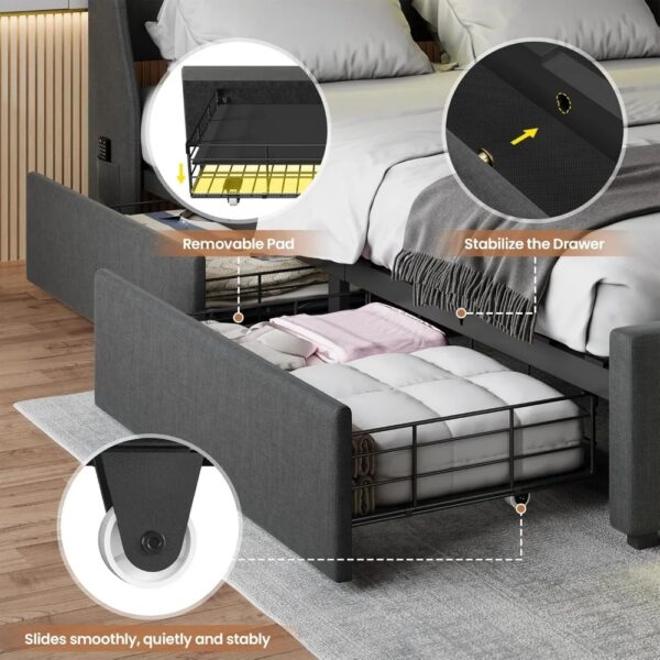 Queen Size Bed Frame with 4 Storage Drawers, RGB LED Light, Charging Station, Slat Support, No Box Spring Needed, Easy Assembly - Image 4