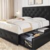 Queen Size Upholstered Bed Frame with 4 Drawers and Adjustable Headboard, Faux Leather Platform Bed with Mattress Foundation St