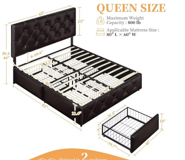 Queen Size Upholstered Bed Frame with 4 Drawers and Adjustable Headboard, Faux Leather Platform Bed with Mattress Foundation St - Image 2