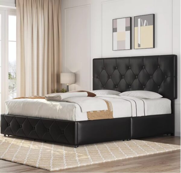 Queen Size Upholstered Bed Frame with 4 Drawers and Adjustable Headboard, Faux Leather Platform Bed with Mattress Foundation St - Image 3