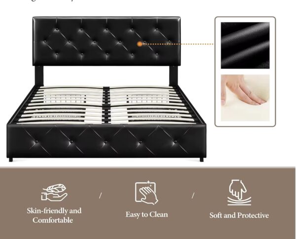 Queen Size Upholstered Bed Frame with 4 Drawers and Adjustable Headboard, Faux Leather Platform Bed with Mattress Foundation St - Image 4