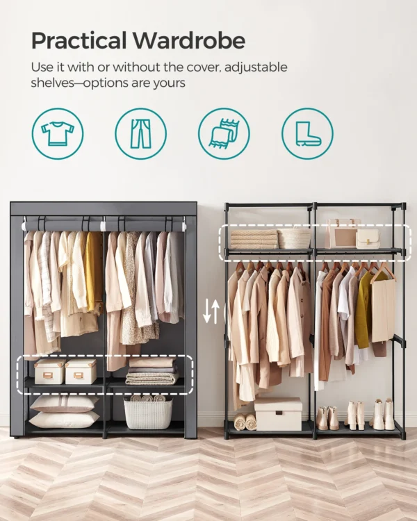 SONGMICS Closet Wardrobe, Portable Closet for Bedroom, Clothes Rail with Non-Woven Fabric Cover, Clothes Storage Organizer - Image 3