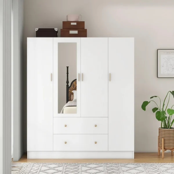 Selected Bedroom Armoires Wardrobe Closet with 4 Doors 2 Drawers and Mirror, Large Shelves Hanging Rods for Bedroom,Wardrobes