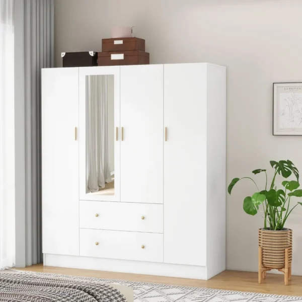 Selected Bedroom Armoires Wardrobe Closet with 4 Doors 2 Drawers and Mirror, Large Shelves Hanging Rods for Bedroom,Wardrobes - Image 2