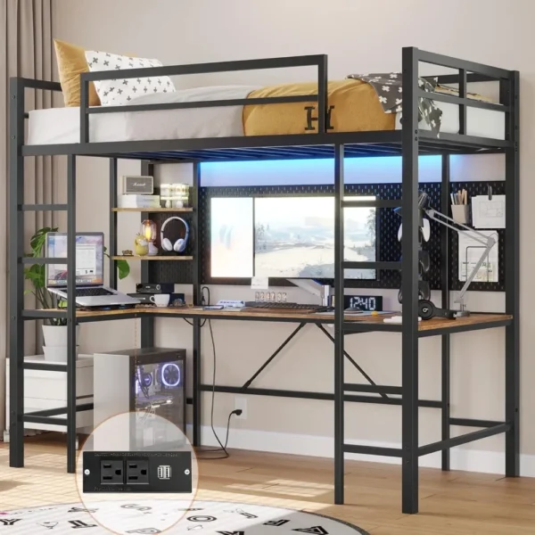 Size Loft Bed with U Shaped Desk and Led Lights Twin LED Loft Metal Bed Frame with Charging Station and Storage Shelves