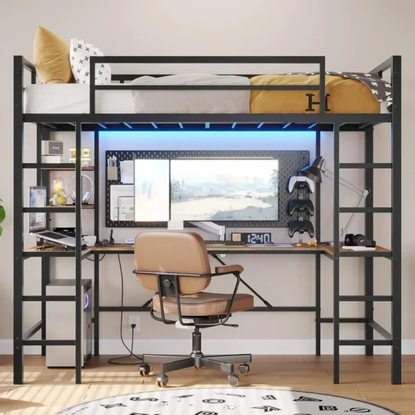 Size Loft Bed with U Shaped Desk and Led Lights Twin LED Loft Metal Bed Frame with Charging Station and Storage Shelves - Image 4