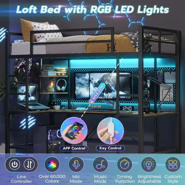 Size Loft Bed with U Shaped Desk and Led Lights Twin LED Loft Metal Bed Frame with Charging Station and Storage Shelves - Image 3