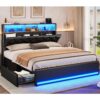 Queen Size Bed Frame with 3-Tier Headboard & Hidden Storage, 4 Drawers and Charging Station, Upholstered LED Metal Bed Frame