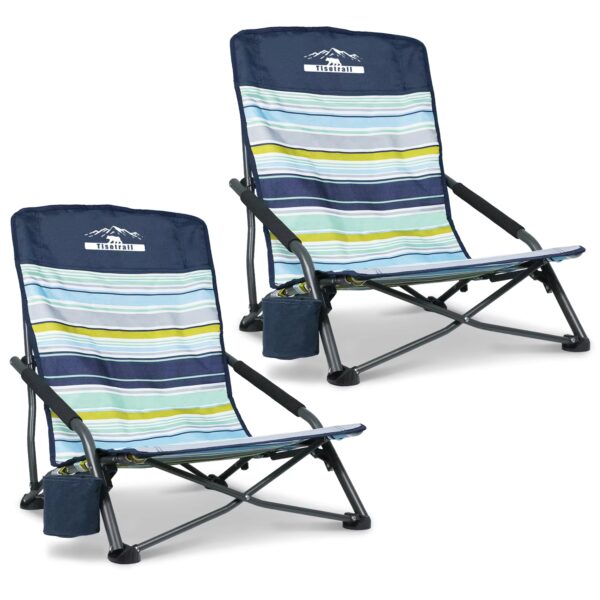 Tisetrail 2 Pack Portable Beach Chair For Adults Low Back Sling Chair With Cup Holder Folding Mesh Sand Chair Lightweight