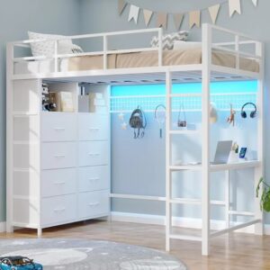 Twin Loft Bed with Desk & 8 Drawers Tall Dresser, Metal Loft Bed with LED Lights & Charging Station, 2-Tier Storage Shelves