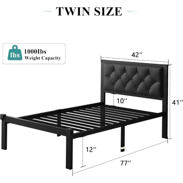 Twin Size Metal Bed Frame, Faux Leather Platform Bed Frame with Button Tufted Headboard, 12" Underbed Space, Steel Slats Support - Image 4