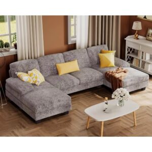 U-Shaped Sectional Sofa Couches for Living Room, 4 Seat Linen Fabric Couch Set with Double Chaise for Living Room, Apartment