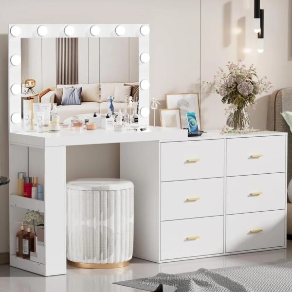 Vanity Makeup Desk with Mirror and 3-Color Lights, Charging Station,6 Drawers,Side 2 Storage Shelves for Bedroom. Dresser - Image 3