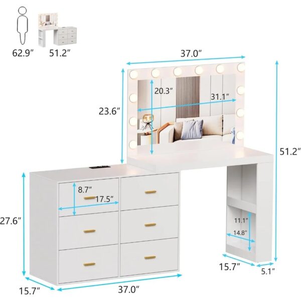 Vanity Makeup Desk with Mirror and 3-Color Lights, Charging Station,6 Drawers,Side 2 Storage Shelves for Bedroom. Dresser - Image 2