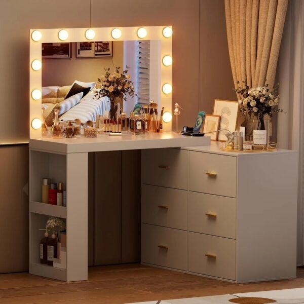 Vanity Makeup Desk with Mirror and 3-Color Lights, Charging Station,6 Drawers,Side 2 Storage Shelves for Bedroom. Dresser - Image 4