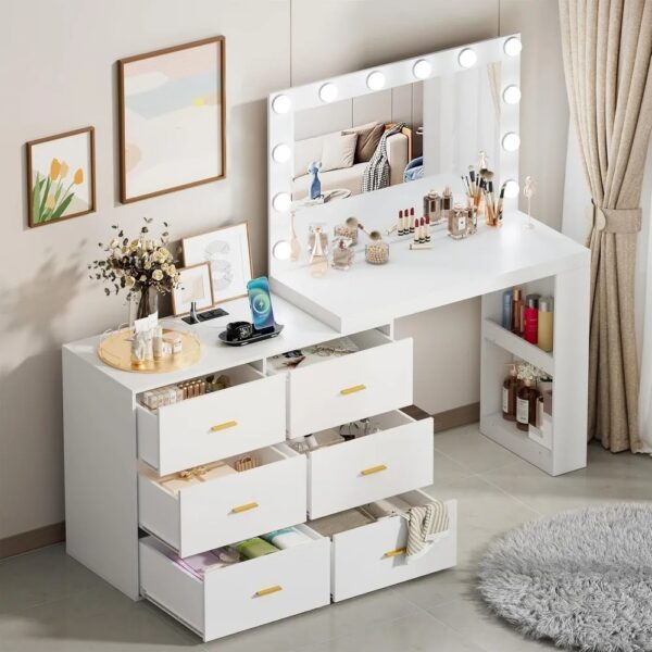 Vanity Makeup Desk with Mirror and 3-Color Lights, Charging Station,6 Drawers,Side 2 Storage Shelves for Bedroom. Dresser