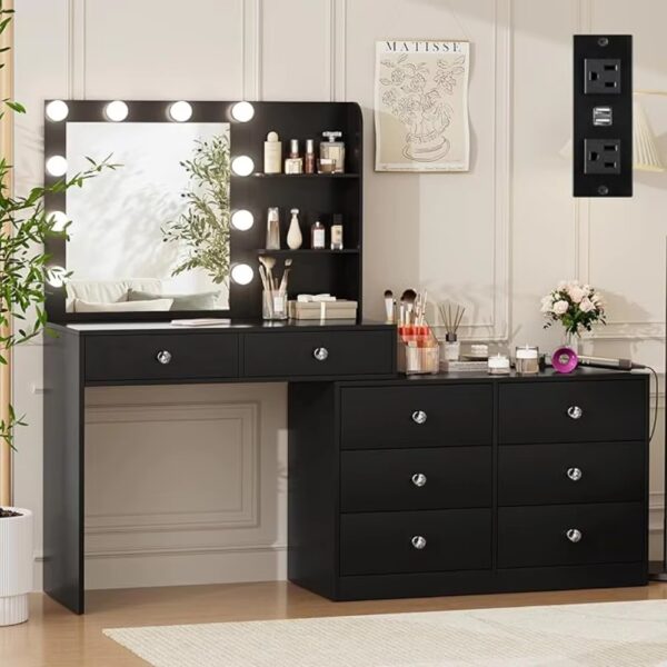 Vanity with Lighted Mirror - 47"Makeup Vanity Desk with8Drawers3Storage Shelves and Outlet, 3 Color Lighting Modes, Makeup Desk