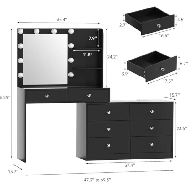 Vanity with Lighted Mirror - 47"Makeup Vanity Desk with8Drawers3Storage Shelves and Outlet, 3 Color Lighting Modes, Makeup Desk - Image 2