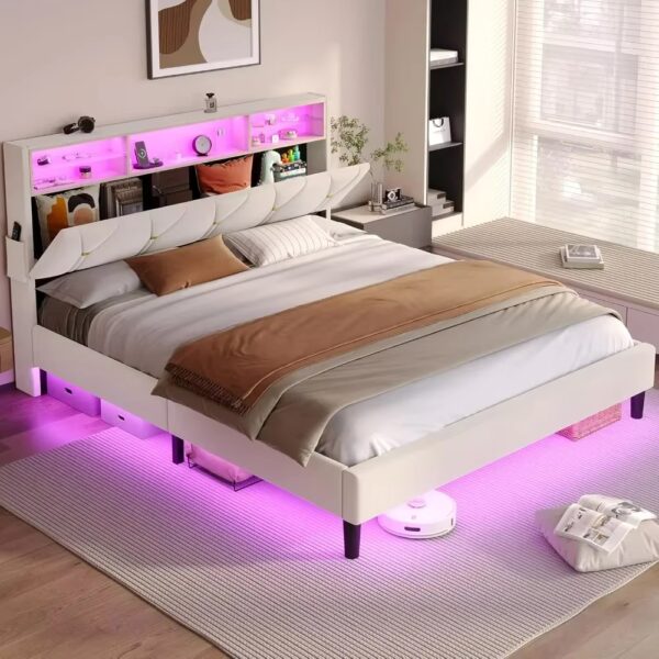 Full Size Bed Frame with Headboard Storage & LED Lights, with Charging Station, Velvet Upholstered Bed with Shelf Headboard