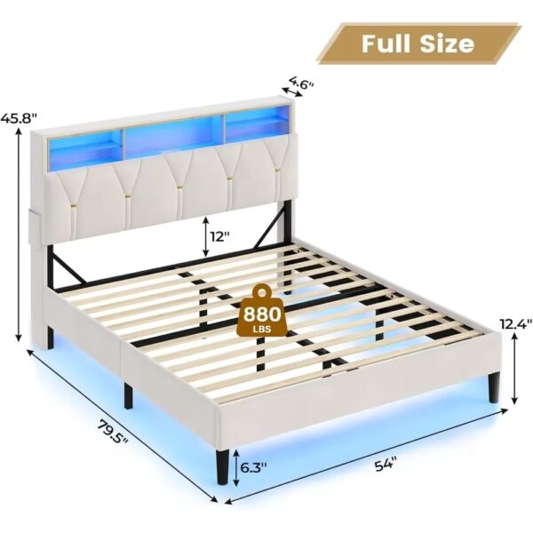 Full Size Bed Frame with Headboard Storage & LED Lights, with Charging Station, Velvet Upholstered Bed with Shelf Headboard - Image 3