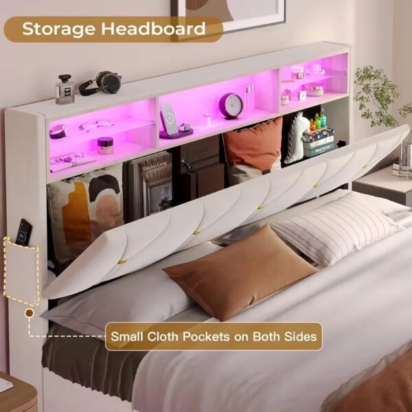 Full Size Bed Frame with Headboard Storage & LED Lights, with Charging Station, Velvet Upholstered Bed with Shelf Headboard - Image 4