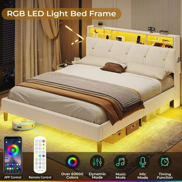 Full Size Bed Frame with Headboard Storage & LED Lights, with Charging Station, Velvet Upholstered Bed with Shelf Headboard - Image 2