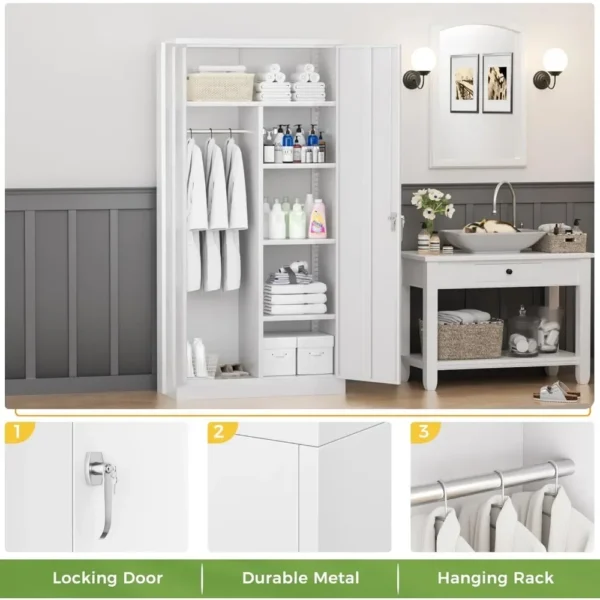 Wardrobe Closet, 72" Armoire Wardrobe Cabinet-Functional Clothes Storage with Hanging Rail, White Storage Cabinet, Metal Cabinet - Image 4