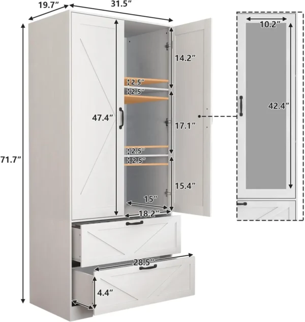 Wardrobe Closet with Mirror Door and 2 Drawer,Farmhouse Bedroom Cabinet with Hanging Rod and Light,Wooden - Image 2